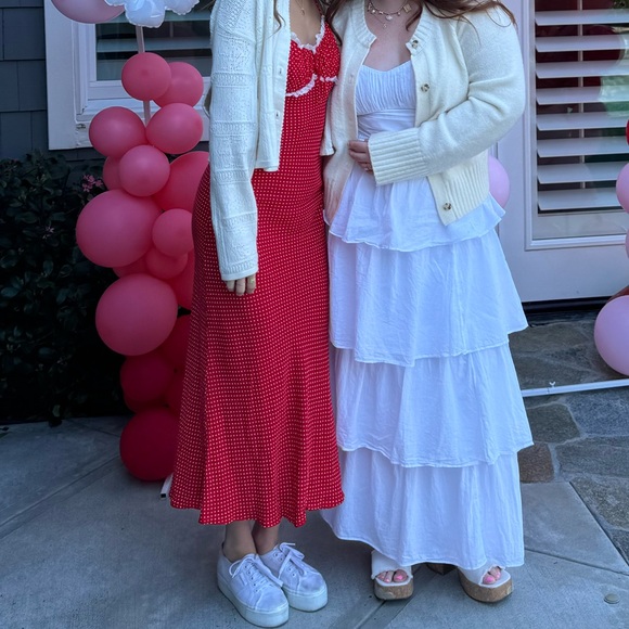 Red Polka Dot Maxi Slip Dress with White Lace Trim - Picture 6 of 7